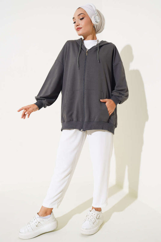 Cardigan casual con cappuccio e cerniera affumicato