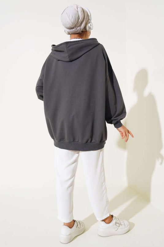 Cardigan casual con cappuccio e cerniera affumicato