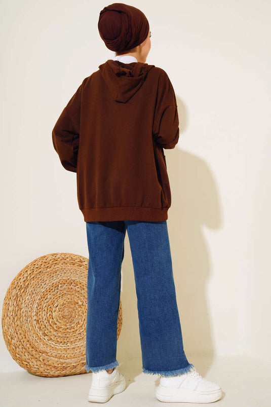 Cardigan casual con cappuccio e cerniera marrone