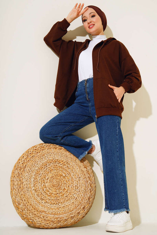 Cardigan casual con cappuccio e cerniera marrone