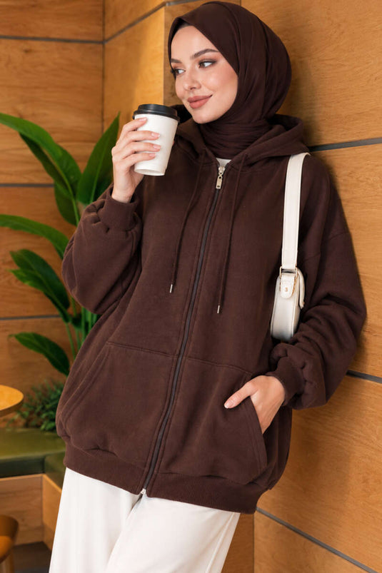 Hooded Zippered Casual Cardigan Brown