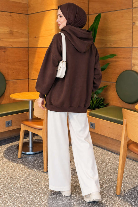 Hooded Zippered Casual Cardigan Brown