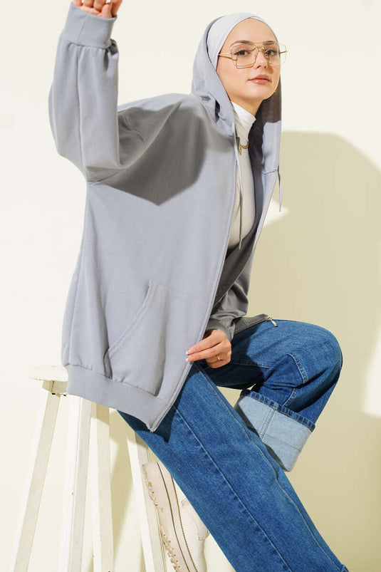 Hooded Zippered Casual Cardigan in Slate Gray