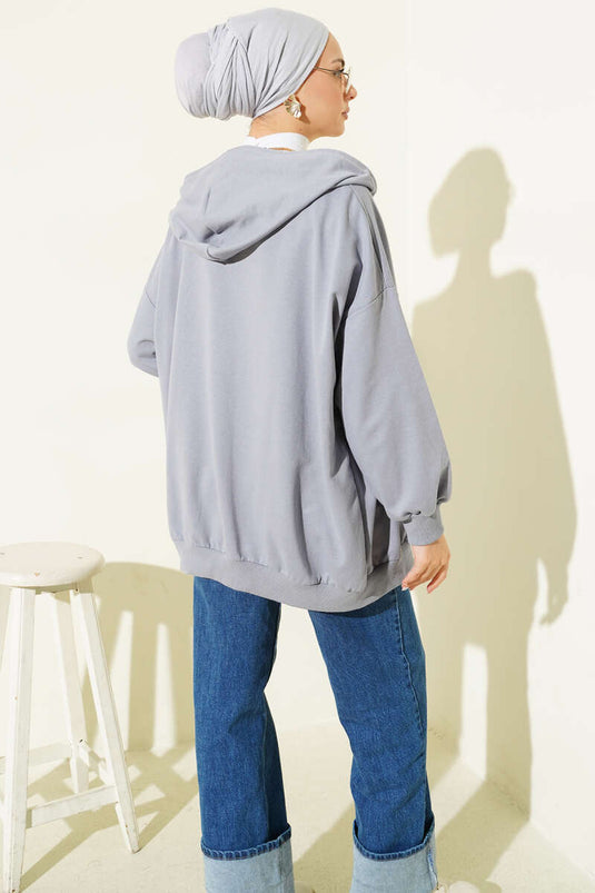 Hooded Zippered Casual Cardigan in Slate Gray