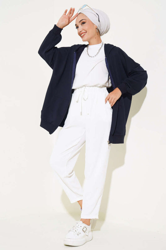 Hooded Zippered Oversized Cardigan Navy Blue