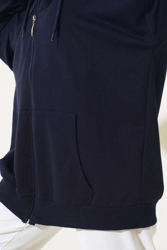 Hooded Zippered Casual Cardigan Navy Blue
