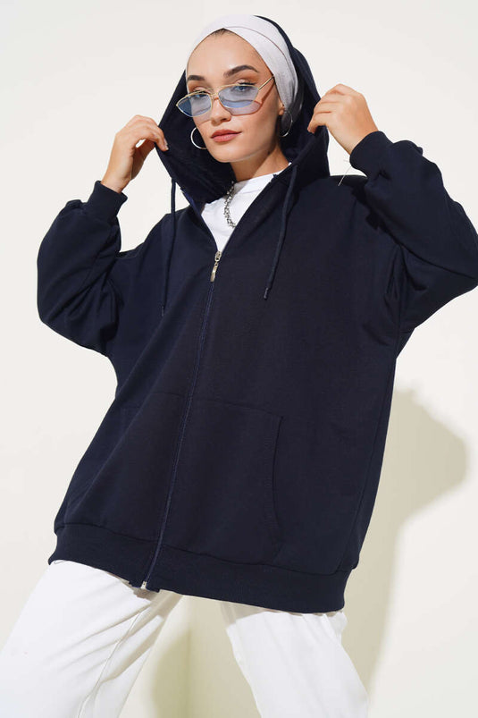 Hooded Zippered Casual Cardigan Navy Blue