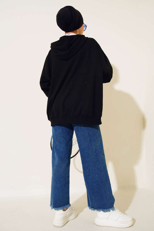 Cardigan casual con cappuccio e cerniera nero