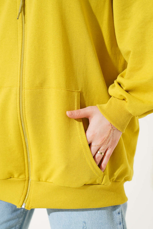 Hooded Zippered Casual Cardigan Oil Green