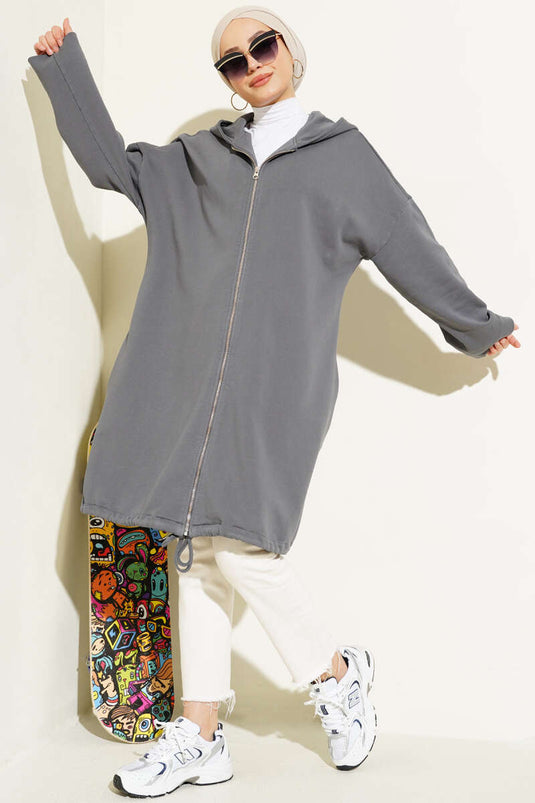 Hooded Zippered Oversized Long Cardigan Charcoal