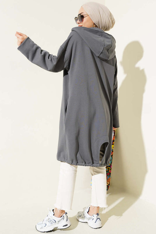 Hooded Zippered Oversized Long Cardigan Charcoal