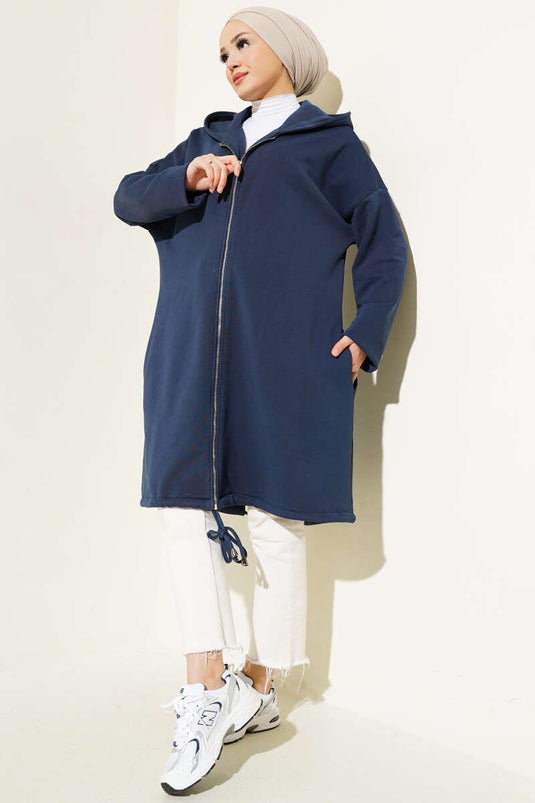 Hooded Zippered Oversized Long Cardigan Navy Blue