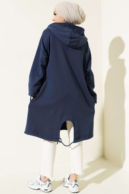 Hooded Zippered Oversized Long Cardigan Navy Blue