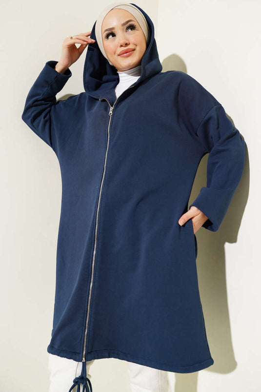 Hooded Zippered Oversized Long Cardigan Navy Blue