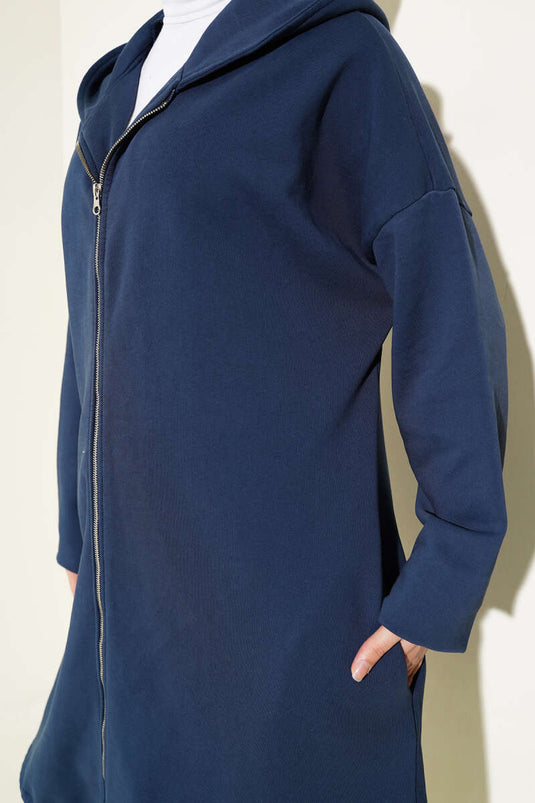 Hooded Zippered Oversized Long Cardigan Navy Blue