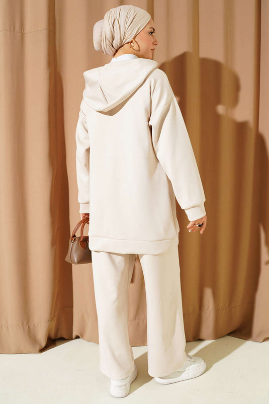 بدلة غوص من قطعتين بغطاء رأس وسحاب، لون بيج