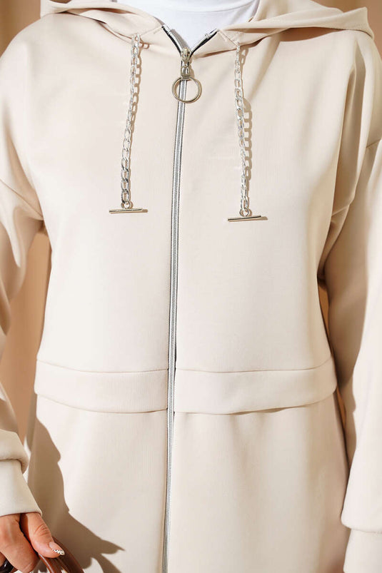 بدلة غوص من قطعتين بغطاء رأس وسحاب، لون بيج