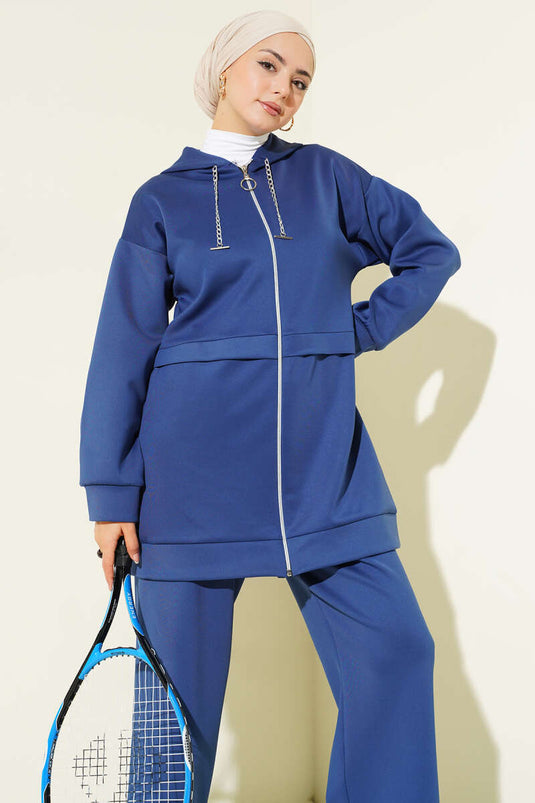 بدلة غوص من قطعتين بغطاء رأس وسحاب، أزرق داكن