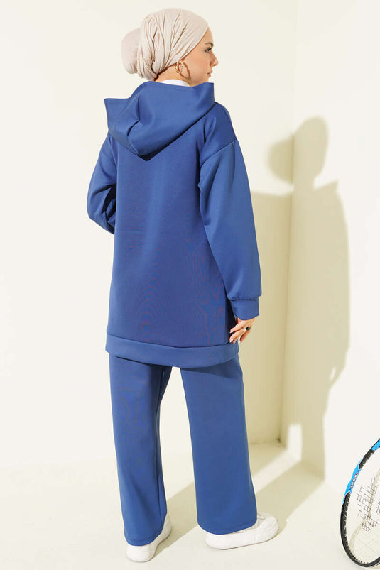 بدلة غوص من قطعتين بغطاء رأس وسحاب، أزرق داكن