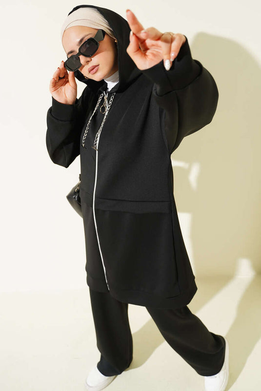 بدلة غوص من قطعتين بغطاء رأس وسحاب، لون أسود