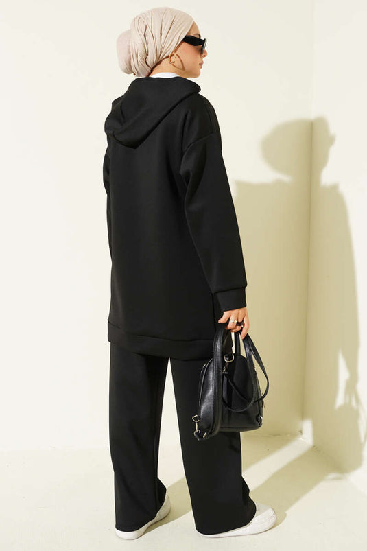 بدلة غوص من قطعتين بغطاء رأس وسحاب، لون أسود