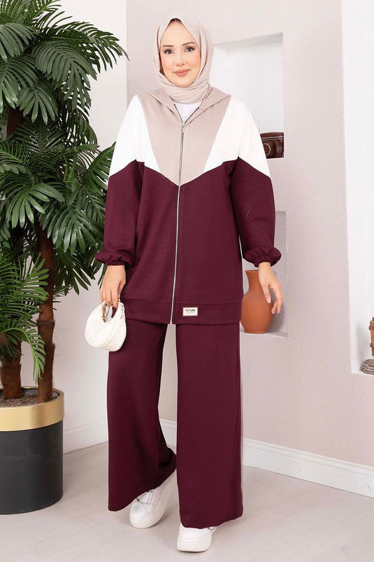 Completo Sportivo Due Pezzi Con Cappuccio E Zip Bordeaux