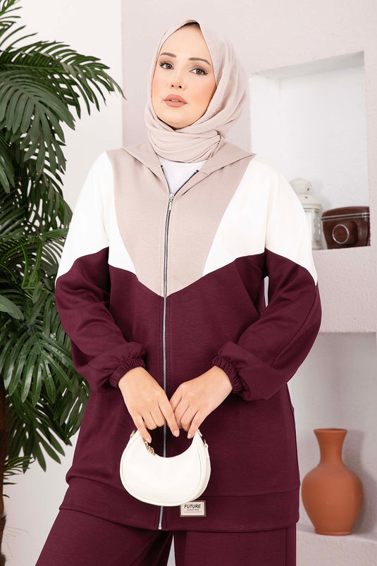Completo Sportivo Due Pezzi Con Cappuccio E Zip Bordeaux