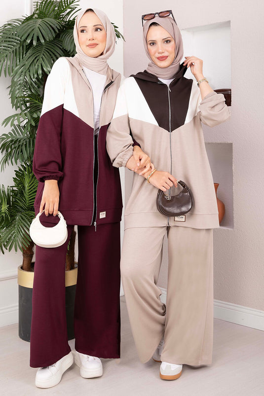 Completo Sportivo Due Pezzi Con Cappuccio E Zip Bordeaux