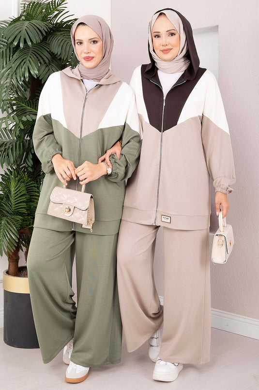 Completo Sportivo Con Cappuccio E Zip In Kaki