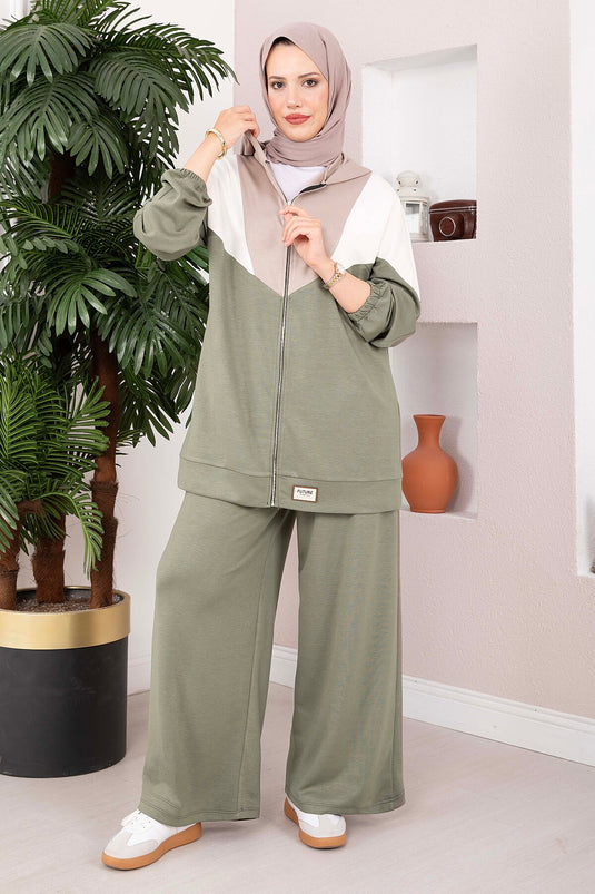 Completo Sportivo Con Cappuccio E Zip In Kaki