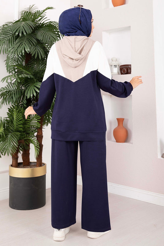 Completo Sportivo A Due Pezzi Con Cappuccio E Zip Blu Navy