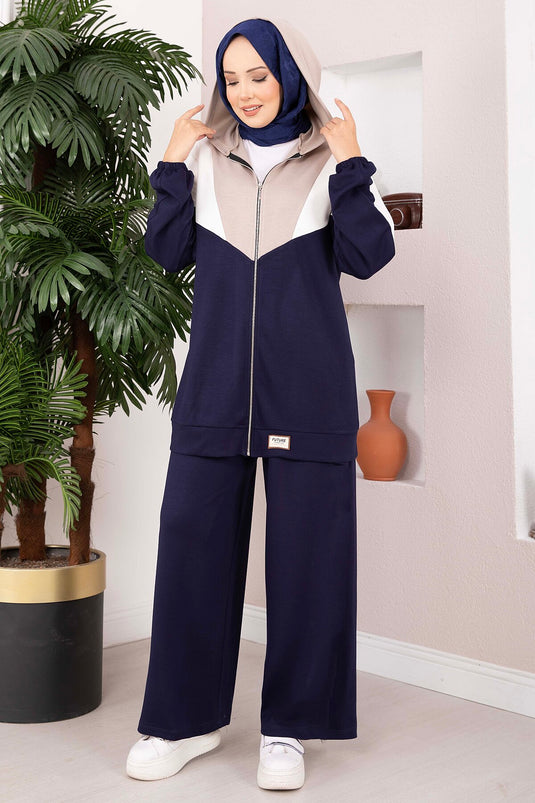 Completo Sportivo A Due Pezzi Con Cappuccio E Zip Blu Navy