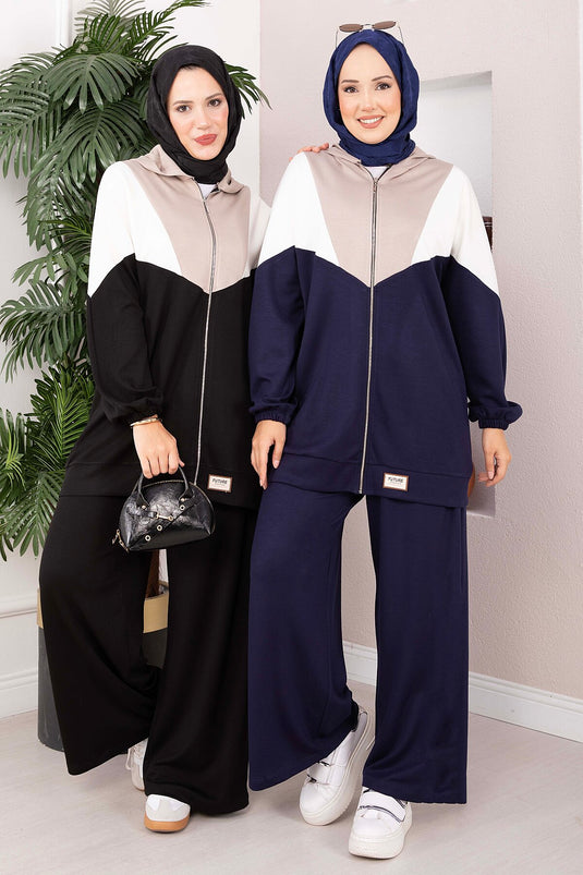 Completo Sportivo A Due Pezzi Con Cappuccio E Zip Blu Navy