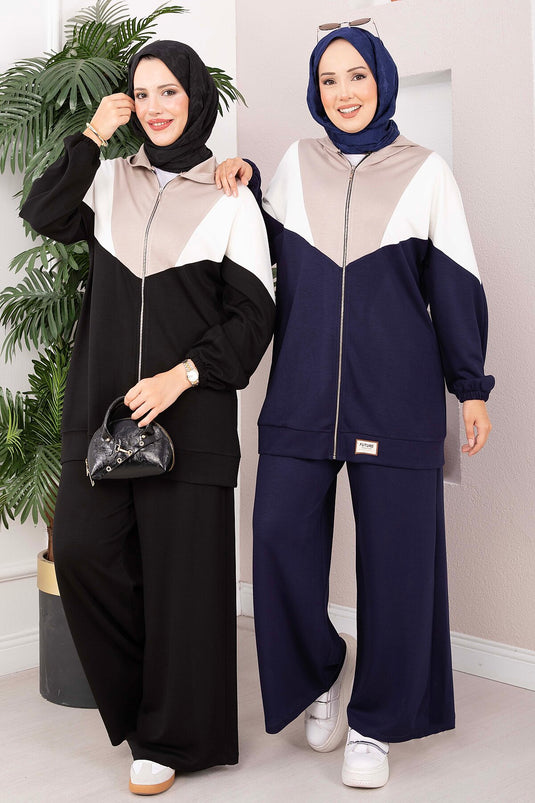 Schwarzes Sport-2-Teile-Set Mit Kapuze Und Reißverschluss