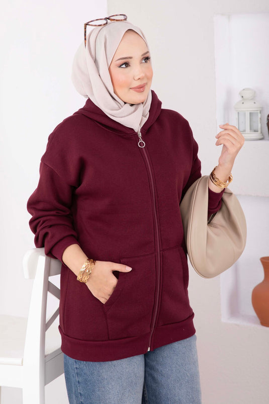 Kapüşonlu Fermuarlı Sweat - Hırka Bordo