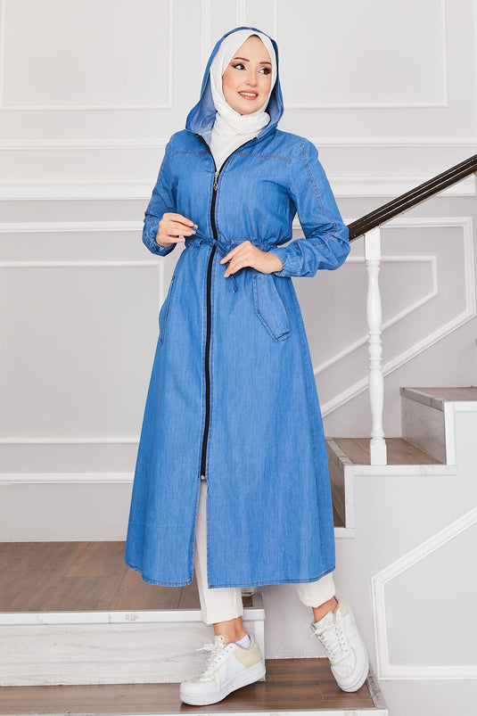 Manteau en jean hijab à capuche et fermeture éclair bleu clair