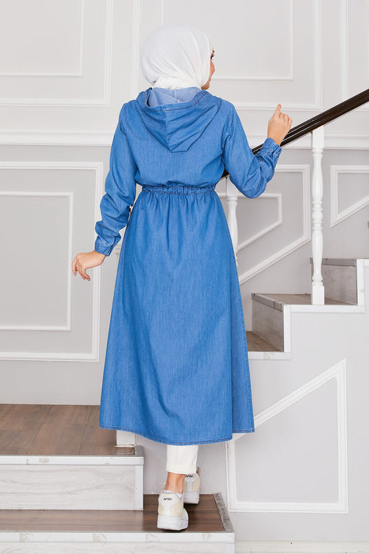 Manteau en jean hijab à capuche et fermeture éclair bleu clair