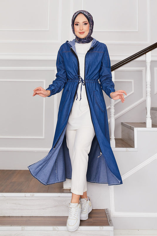 Hooded Zippered Modest Denim Coat Blue