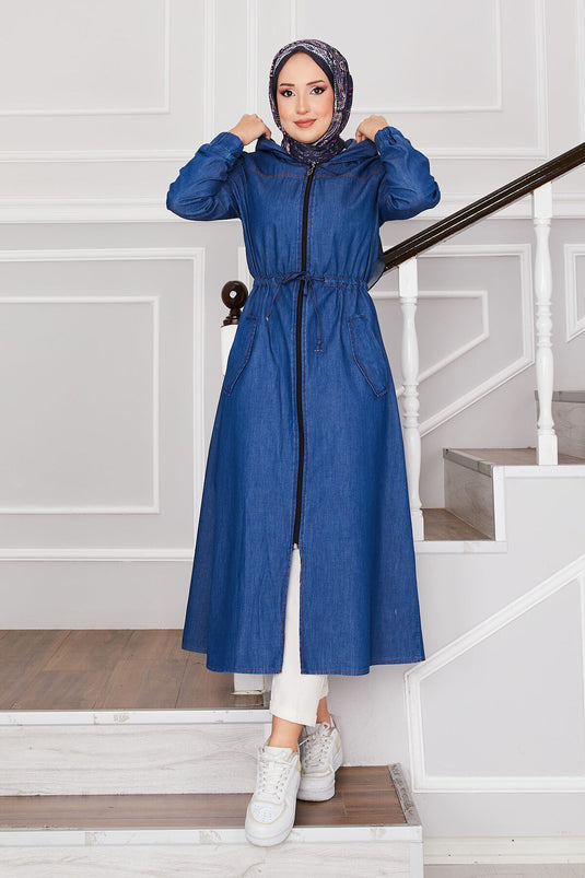 Hooded Zippered Modest Denim Coat Blue