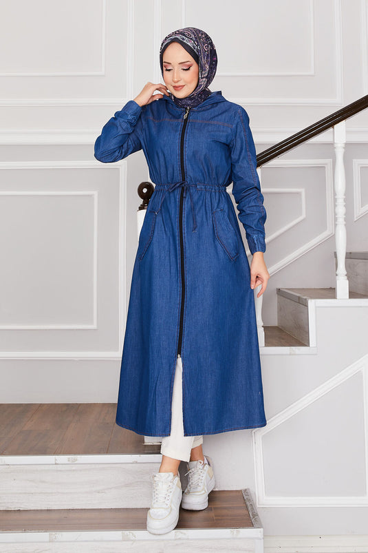 Hooded Zippered Modest Denim Coat Blue