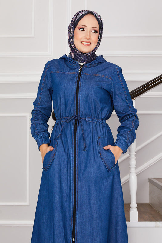 Hooded Zippered Modest Denim Coat Blue