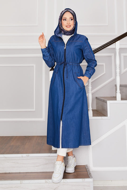 Hooded Zippered Modest Denim Coat Blue