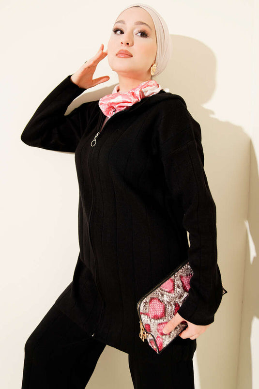 Zweiteiliges Strickset mit Kapuze und Reißverschluss, Schwarz