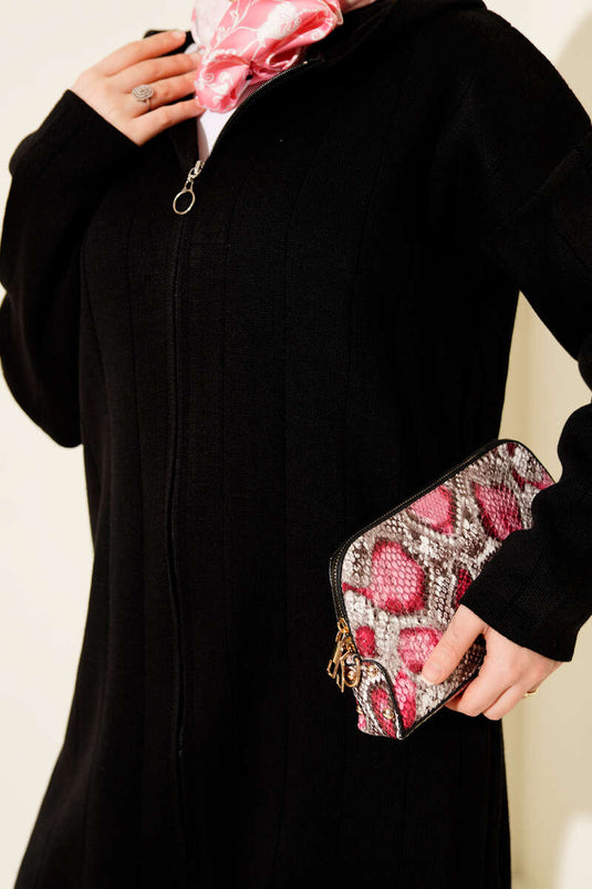 Zweiteiliges Strickset mit Kapuze und Reißverschluss, Schwarz