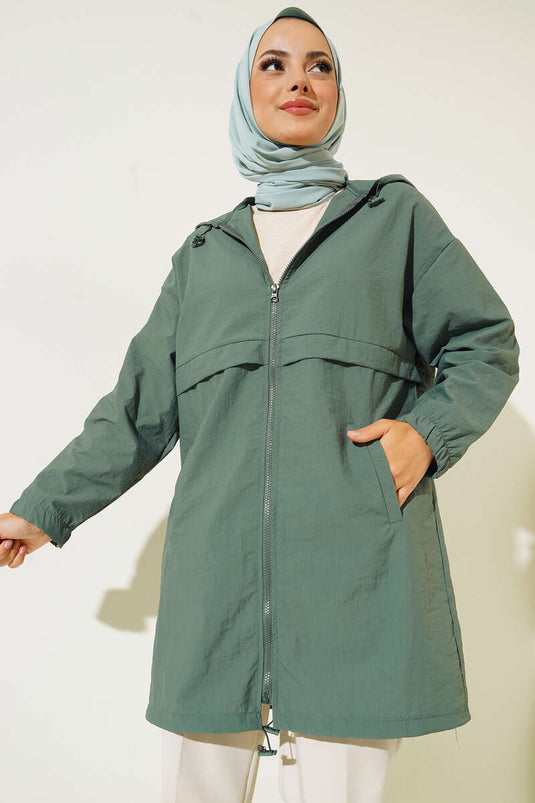 Imperméable Zippé à Capuche Vert Persan