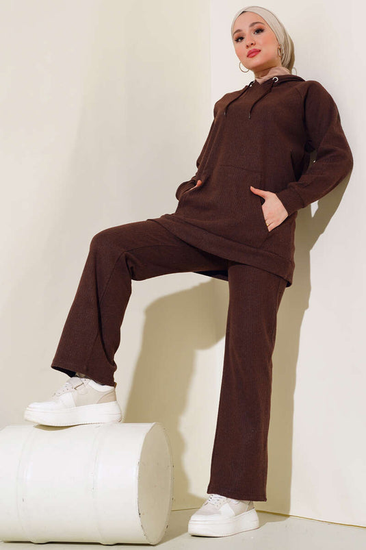 Kapüşonlu Fitilli İkili Takım Kahve