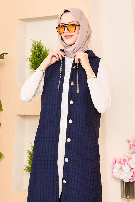 Kapüşonlu Gold Düğme Detaylı Kapitone Yelek Lacivert