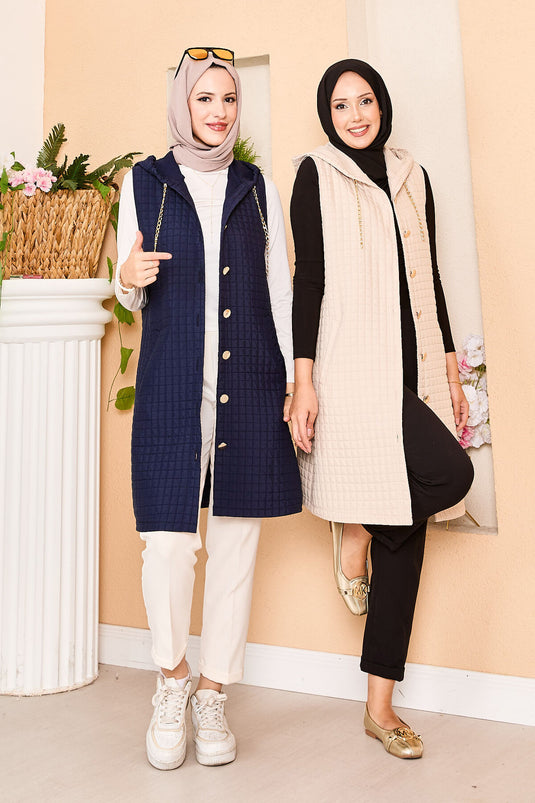 Kapüşonlu Gold Düğme Detaylı Kapitone Yelek Lacivert