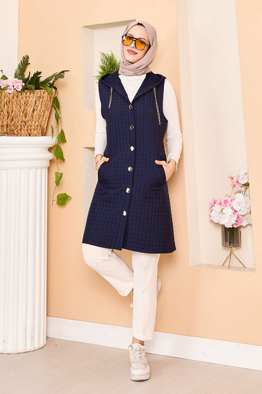 Gilet matelassé à capuche et boutons dorés bleu marine