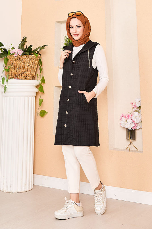 Kapüşonlu Gold Düğme Detaylı Kapitone Yelek Siyah